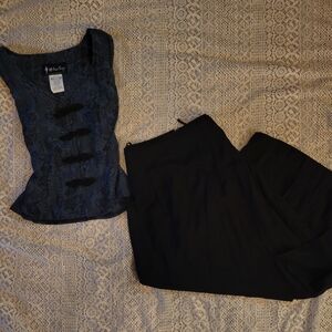 Blue and Black Sleeveless Top with Black Skirt